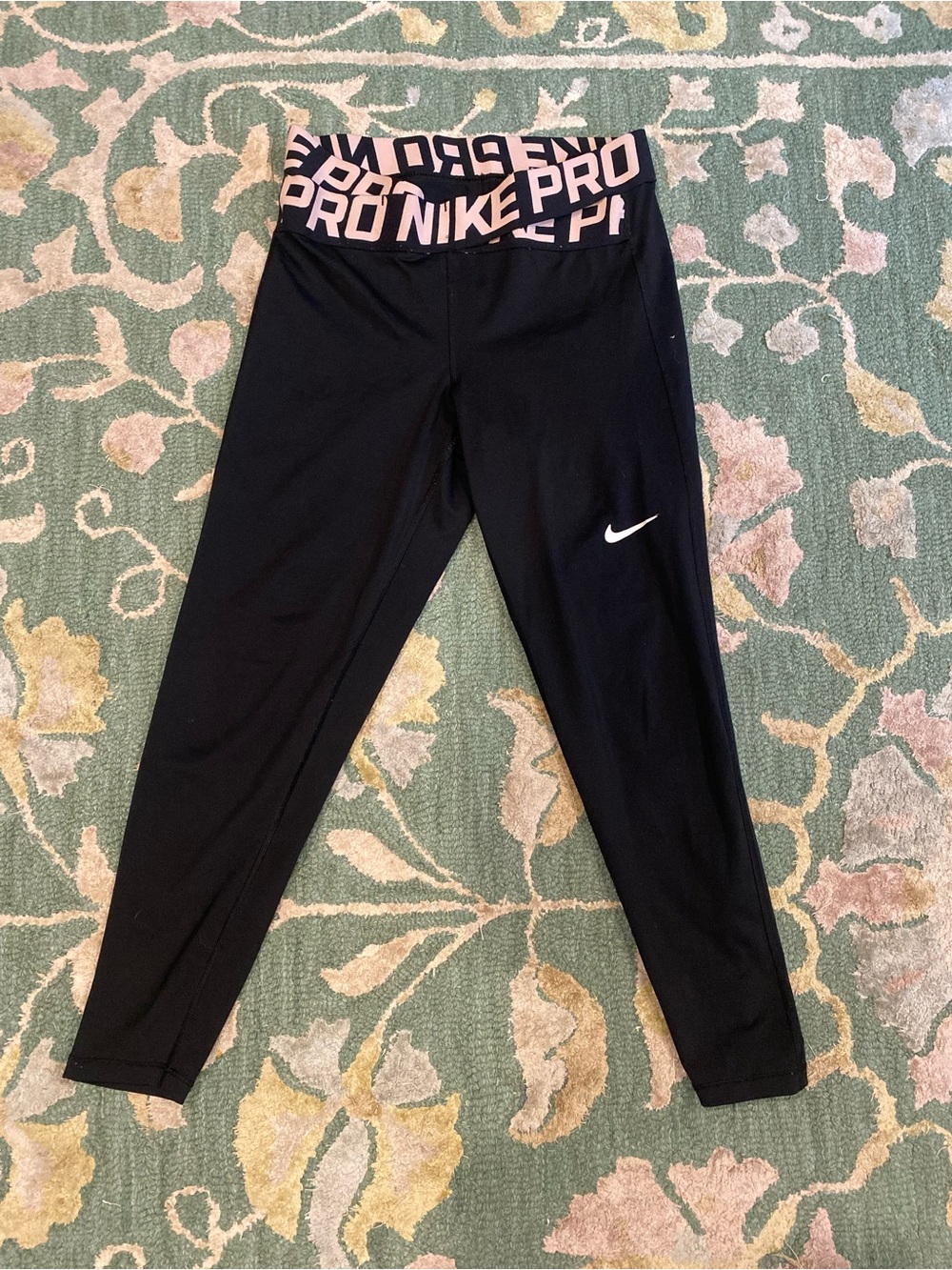 Nike Women's Black Leggings with Pink Logo Crisscross Waistband